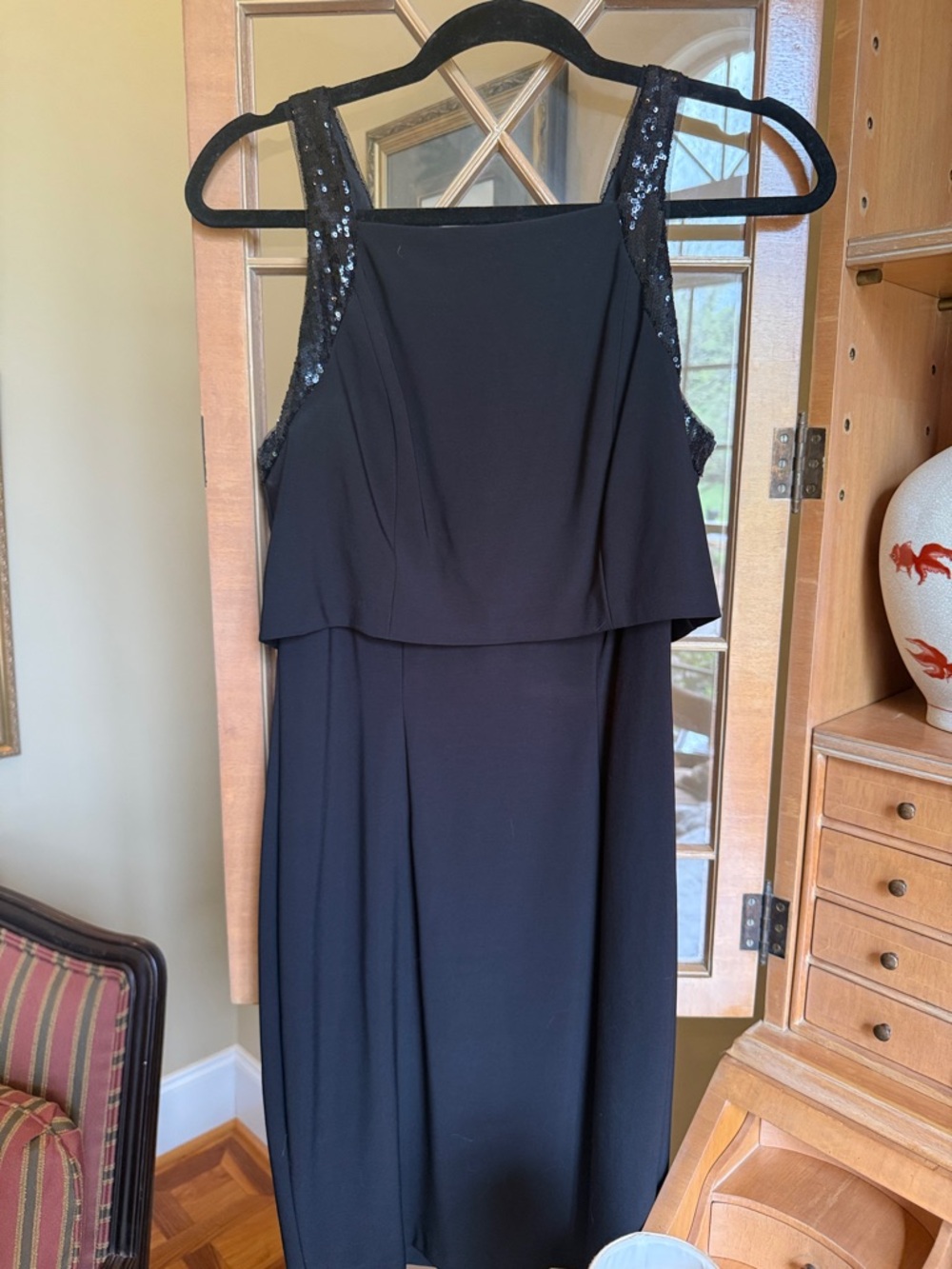Black Sleeveless Sequin-Trim Evening Dress